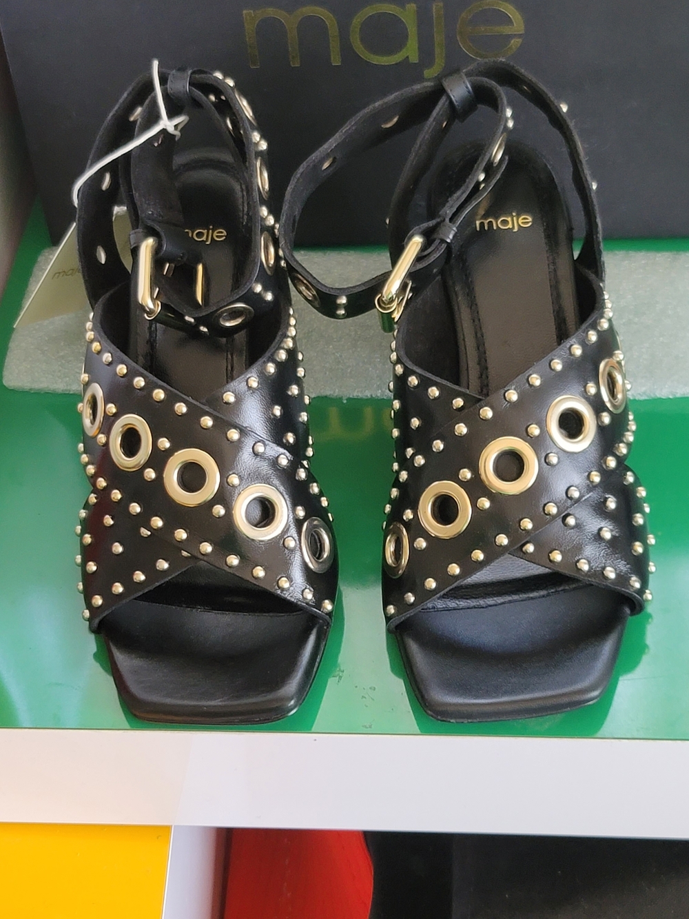 ❗️MAJE FERMAEYELET  Black Studded Leather Sandals with Gold Eyelets NIB❗️